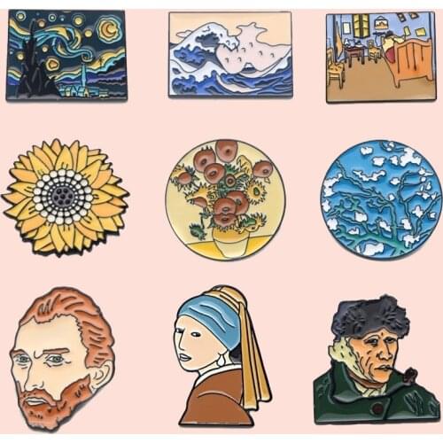 ZF17 Creative Van Gogh Art Sunflower Metal Enamel Pins And Brooches For Women Men Lapel Pin Backpack Bags Hat Badge Gifts
