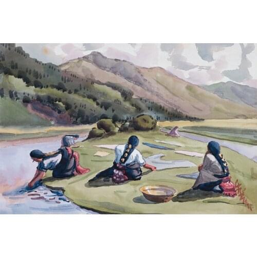 Scenery canvas prints landscape modern Chinese artist masterpiece figurative poster home art woman washing clothes by Han Leran