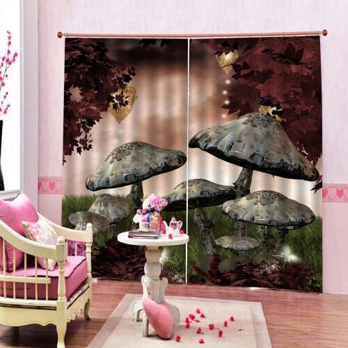 Custom 3D Curtain Fantasy Enchanted Fairytale Forest Scenery With Mushrooms and Fairies Magical Dark Childrens room Drapes Sets
