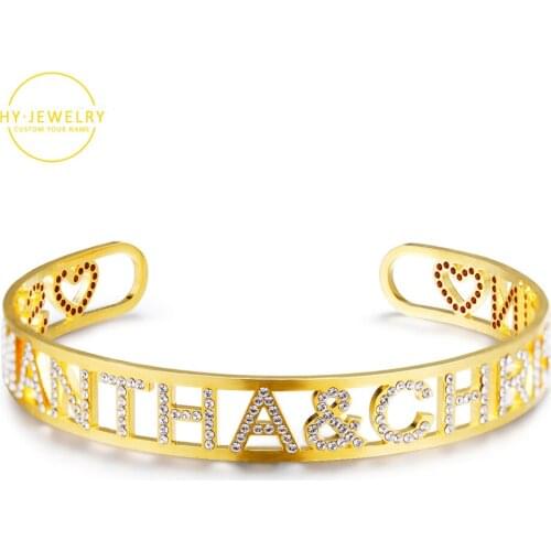 Custom Name Bangles Personalized Crystal Bangle For Women Gold Stainless Steel Nameplate Letter Bangles & Cuff Bracelet Adjusted