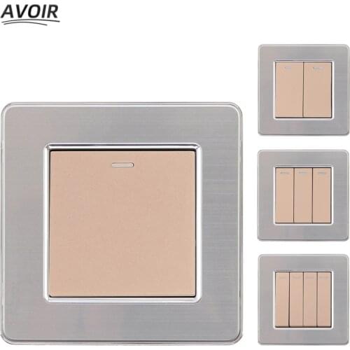 Light Switch 1/2/3/4 Gang Button On / Off Push Button LED Lamp Light Switch Interruptor Stainless Steel Panel Gold