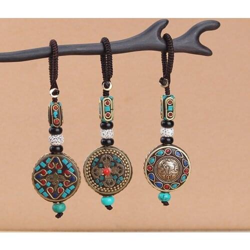 Tibetan Buddha Pendant Keychain Keyring Om Ohm Aum Buddhist Mantra Sign Yoga Charm Car Key Chain for Women Nepal Ethnic Jewelry