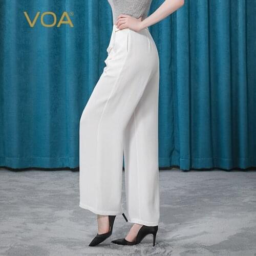 VOA Silk Milk White Trousers KE179 Middle Waist Golden Bump Material Edge Oblique Inserted Bag Simple Joker Straight Pants Woman