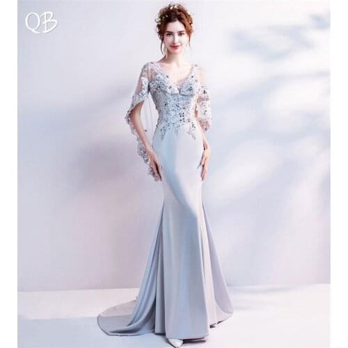 Mermaid Open Back Satin Lace Crystal Beaded Silver Sexy Luxury Evening Dresses Bride Banquet Party Prom Dress XK29