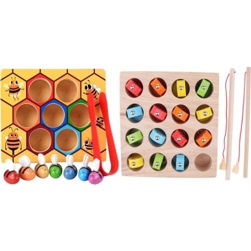 2 Set Montessori Wooden Toys Bee Clip Fishing Game Hand-eye Coordination Sensory Development Educational Toys for Children