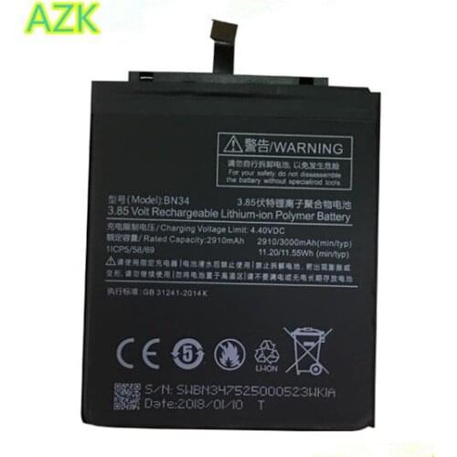 AZK 10PCS /Lot 3000mAh Phone Battery BN34 battery For Xiaomi Redmi 5A 5.0" Replacement Battery 2910 mAh High Capacity Phone