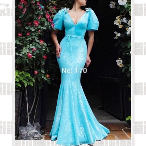 Turquoise Muslim Evening Dresses Mermaid V-neck Short Sleeves Sequins Sparkle Dubai Saudi Arabic Long Formal Evening Gown