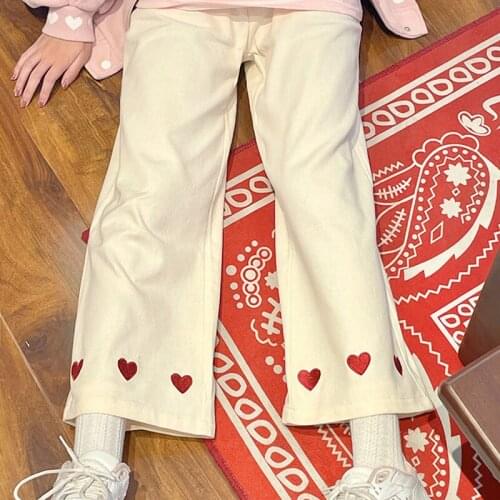 Love Heart Embroidery Pants Women 2021 Female Straight Wide Leg Pants Baggy Elastic High Waist Casual Trousers For Teens Girls