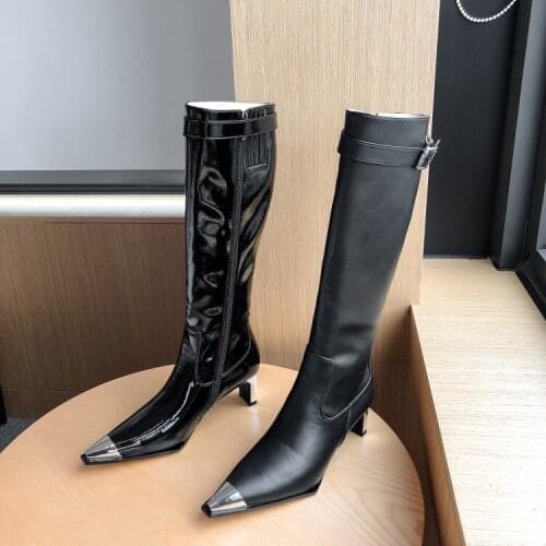 Black Metal Toe Cowgirl Wedges Motorcycle Boots Knee High Boots Western Cowboy Boots for Women Long Winter Boots High Heel Shoes