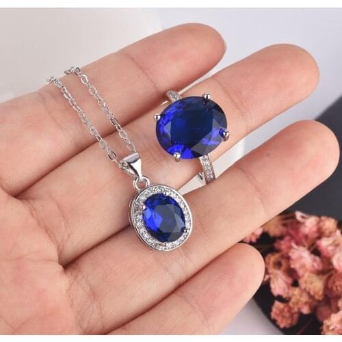 Classic Oval Pendant Silvery Necklace Fashion Wedding Rings Womens Anniversary Jewelry Set Multi Color Zircon Optional MENGYI
