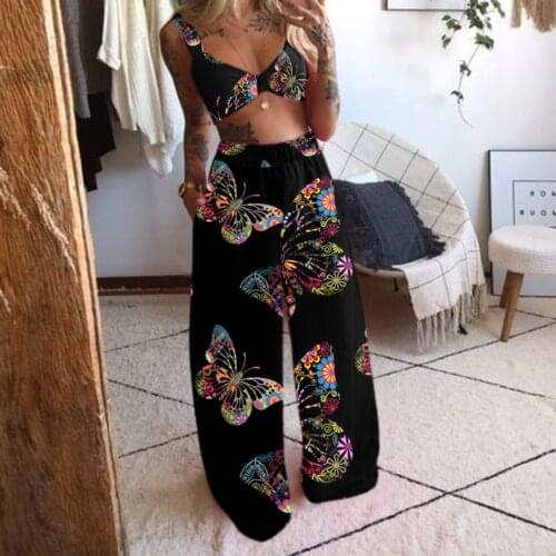 2 Pecs Suit Summer Tracksuit Sets Womens Outfits Boho Beach Style Print Underwear Loose Wide Leg Pants Ropa Mujer Matching Sets