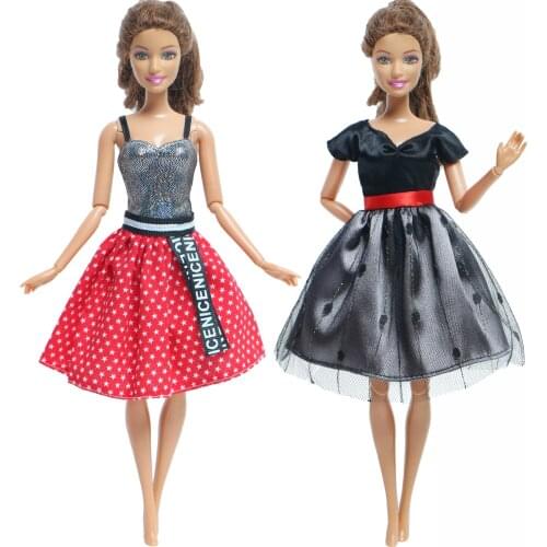 2 Sets Mini Short Dress Red Star Pattern Skirt Black Lace Gown Clothes Accessories for Barbie Doll Kids Toy