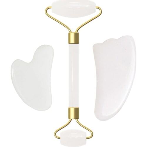 Facial Massage Roller Natural White Jade Roller Guasha Board Scraper Set Double Heads Jade Stone Massager Skin Care Tools