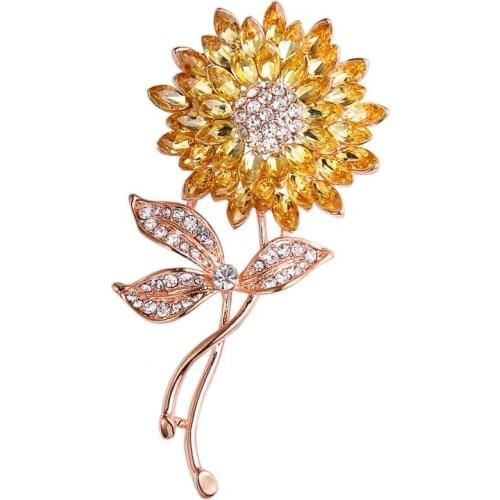 Trendy Yellow Crystal Sunflower Brooches Gold Color Full Rhinestone Sun Flower Leaf Brooch Pin Fashion Metal Luxury Jewelry