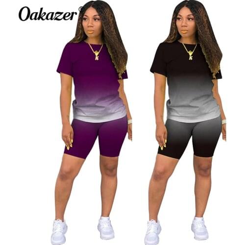 Oakazer Summer Tracksuit Womens Gradient 2 Piece Set Short-Sleeved Crew Neck T-Shirt and Shorts Jogging Outfits Clothing 2021