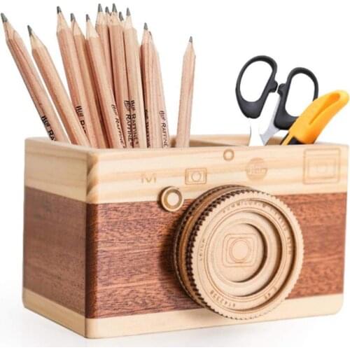Office Accessories Pen Holder Ornaments Camera Shape Pencil Container Multifunction-Stationary Wooden Storage Desk Organizer