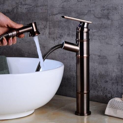 ORB Brown Basin Faucets Pull Out Bathroom Faucets Deck Mounted Single Handle Mixer Taps