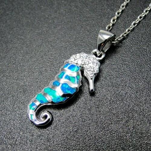 100% Sterling Silver Sea Animals Jewelry Blue Fire Opal Seahorse Pendant Necklace for Women Gift