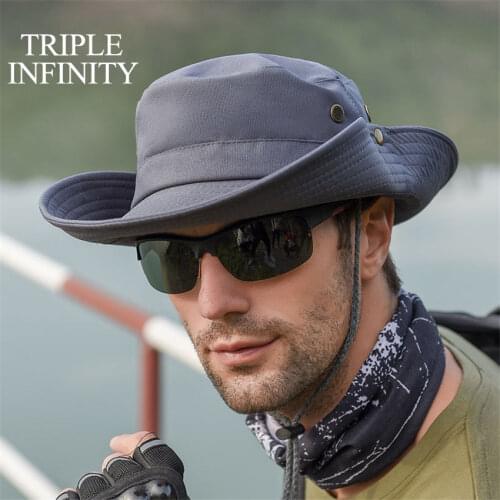 Summer Mens Breathable Sun Hat Outdoor Travel Fishing Hiking Hats Sunscreen Solid Color Fisherman Bucket Hat Wide Brim Male Cap