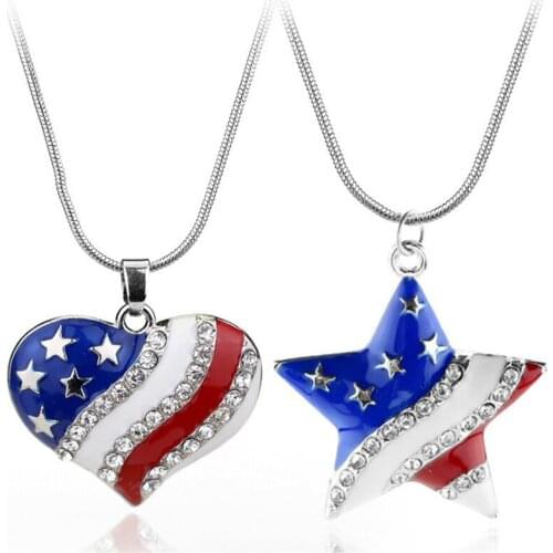American Flag USA Charm Necklace Pendants With Crystal Heart And Star Hanging Necklaces Choker For Patriotic Women Men Jewelry