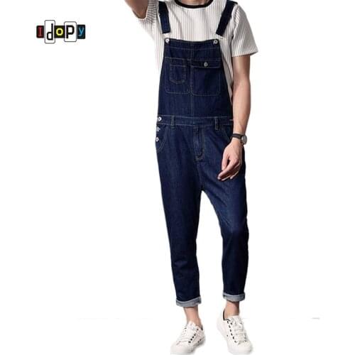 Idopy Casual Men`s Bib Overalls Multi-Pockets Blue Slim Fit Cowboy Denim Jumpsuits Suspenders For Male