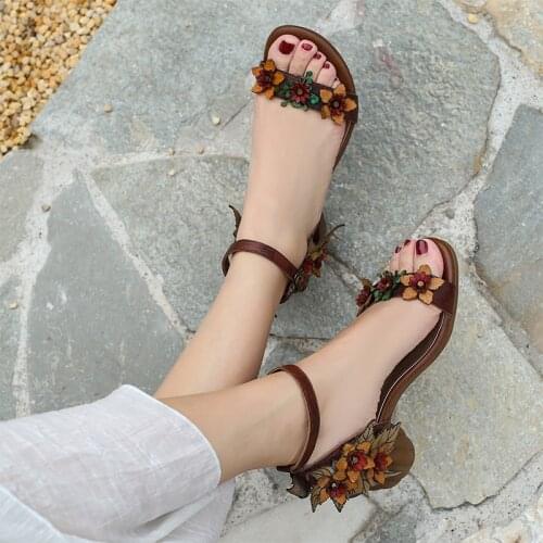 YourSeason Retro Buckle Strap Genuine Leather Women Shoes 2021 New Summer Handmade Ladies Sewing Casual Flower Retro Sandals