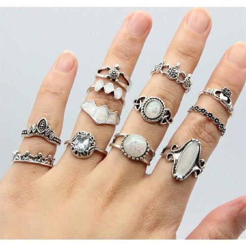 Tocona 12pcs/Set Vintage Antique Silver Color Rings Sets Colorful Opal Stone Carve for Women Men Bohemian Jewelry Anillos