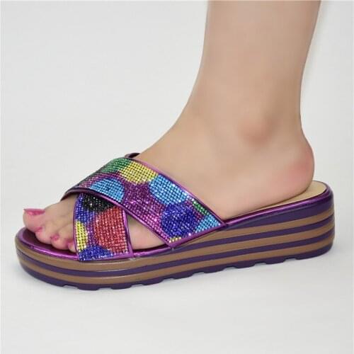 Amazing Purple African Medium Wedge Heel Causal Shoes With Colorful Rhinestones 222-5 Heel Height 4CM