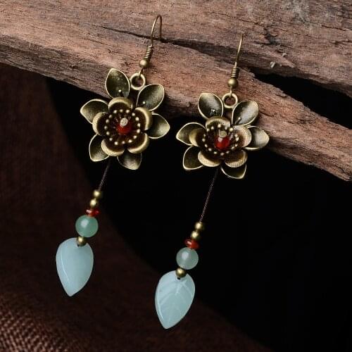 Glazed leaf vintage earrings, New Original Aventurine dangle earrings ,New Ethnic jewelry ethnic copper flowers earrings