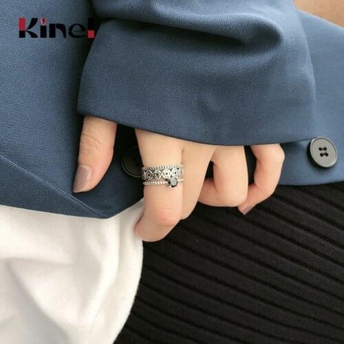 Kinel 925 Sterling Silver Fine Jewelry Three Layer Coin Black Zircon Vintage Old Rings for Women Girl Party Gift