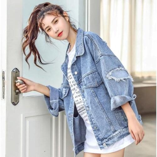 Women Jacket Spring Autumn Fashion Hole Denim Jacket 2021 New Large size Solid color Single-breasted Womens Denim Jacket JK171