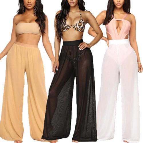 Womens Chiffon Swimwear Cover Ups Sexy See Through Boho Wide Leg High Waist Trousers Beach Long Loose Mesh Sheer Pants Hot