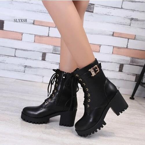 SLYXSH New Women Casual lace-up Motorcycle Ankle boots shoes pu Leather women Winter warm high heels snow boots
