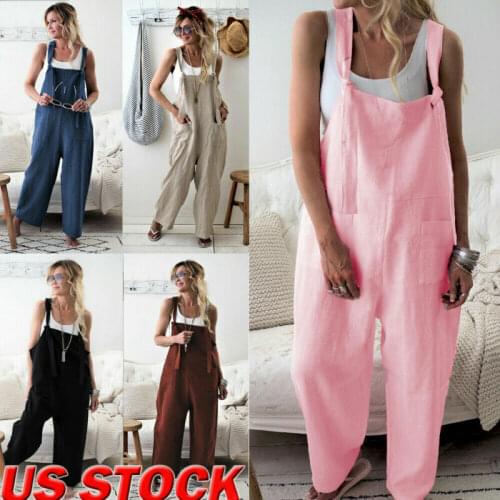 Womens Casual Loose Linen Cotton Jumpsuit Dungarees Playsuit Trousers Overalls
