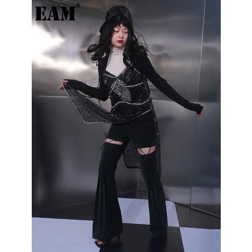 [EAM] Women Bandage Asymmetrical Split Sequins Dress New V-Neck Sleeveless Loose Fit Fashion Tide Spring Autumn 2021 1DD3362