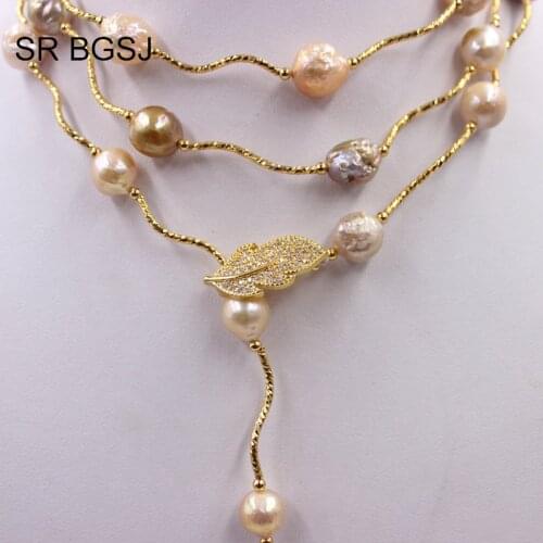 Free Shipping Lavender Edsion FW Pearl Beads Gold Color Leaf Clasp Lady Jewelry Statement Necklace 9-10mm 60"