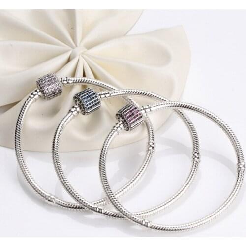 Authentic 925 Sterling Silver Signature Clasp With Crystal Snake Pan Bracelet Bangle Fit Women Bead Charm DIY Jewelry