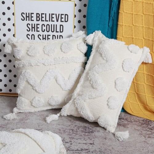 2021 Fringed Handmade Pillowcase Chenille Sofa Cushion Cover Pure White Living Room Geometric Pillow Waist Pillowcase