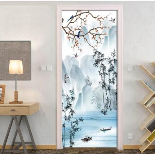 Door Sticker Tools Door Wallpaper Door Decoration New Wall Decals Door Mural 3D Ink And Flower Bird DIY Self-adhesive For Home