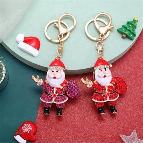 Crystal Christmas Gift Key Chains Soft Plastic Santa Claus Snowman Rhinestone Key Ring Holder Bag Pendant Keychain