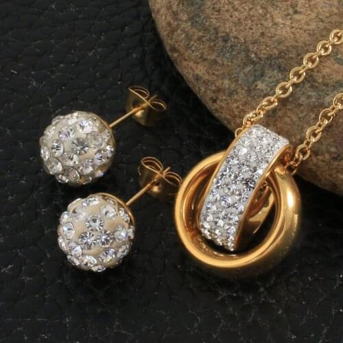 Fashion Round Style Stainless Steel Jewelry Sets For Women And Girl Gold Color Pendants And Earrings SFFAAYCA
