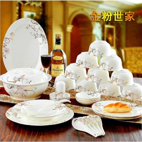 Wedding Guci Jingdezhen Ceramic tableware set bowl and plate 56 pieces bone china Korean bowl and plate set golden powder family