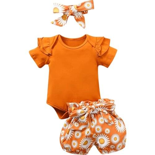 Pure color childrens triangle short-sleeved romper three-piece suit small daisy print cotton shorts girls summer suit