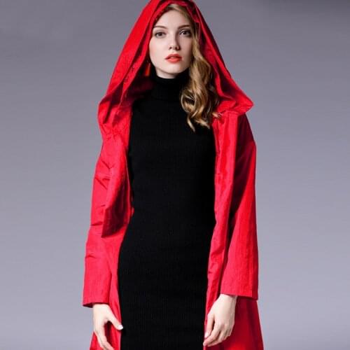 2-colors Autumn mid-long Women loose hooded coat Lace-Up outerwear size XL-4XL black red trench coat double hat lace inside