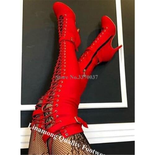 Linamong Newest Fashion Round Toe Over Knee Buckles Over Knee Gladiator Boots Lace-up Red Black Blue Slim Long High Heel Boots