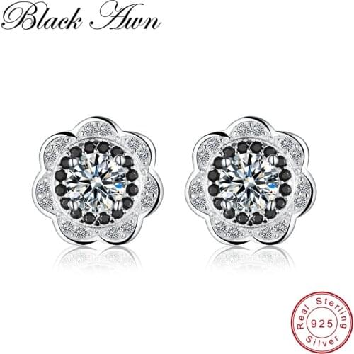 [BLACK AWN] Natural Genuine 925 Sterling Silver Jewelry Black Spinel Flower Wedding Earrings for Women T146