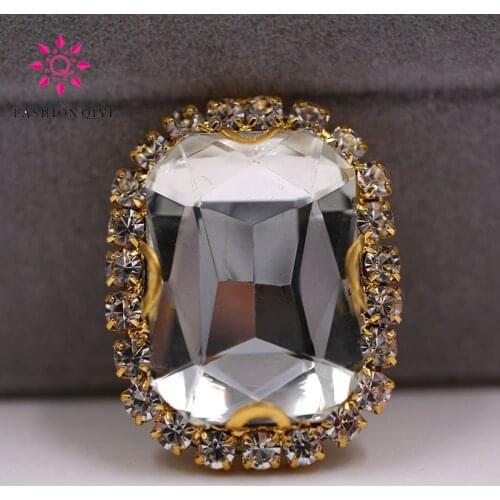 Free shipping Gold base Rectangular octagonal shape Clear White sew on rhinestones glass Crystal button DIY clothing accessories