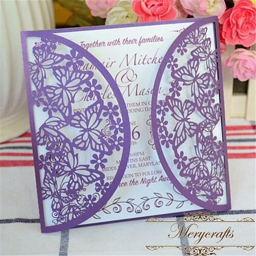 Mery new design butterfly popular romantic dark purple laser cut wedding invitations card