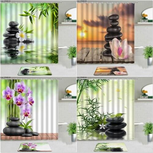 Spa Zen Shower Curtains With Bath Mat Set Non-slip Rug Bamboo Orchid Stone For Bathroom Decor Polyester Fabric Bathtub Screens