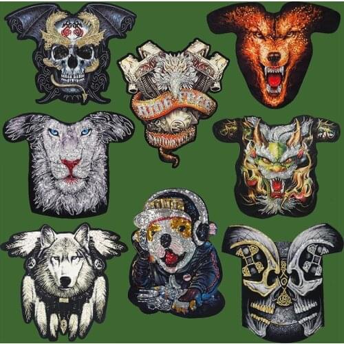 Large Sequin Wolf Lion Tiger Dragon DJ Dog Patches Embroidery Applique Brand Fashion Show Back Patches Jacket Punk Style Stripe